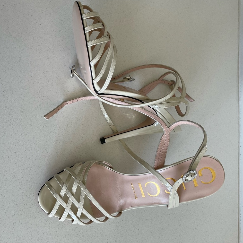 Vintage White Patent Leather Crystal Ankle Strap Sandals